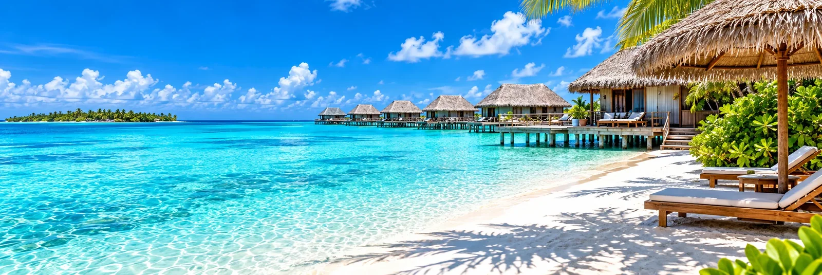 Türkisfarbene Lagune, weißer Strand und Wasserbungalows auf den Malediven